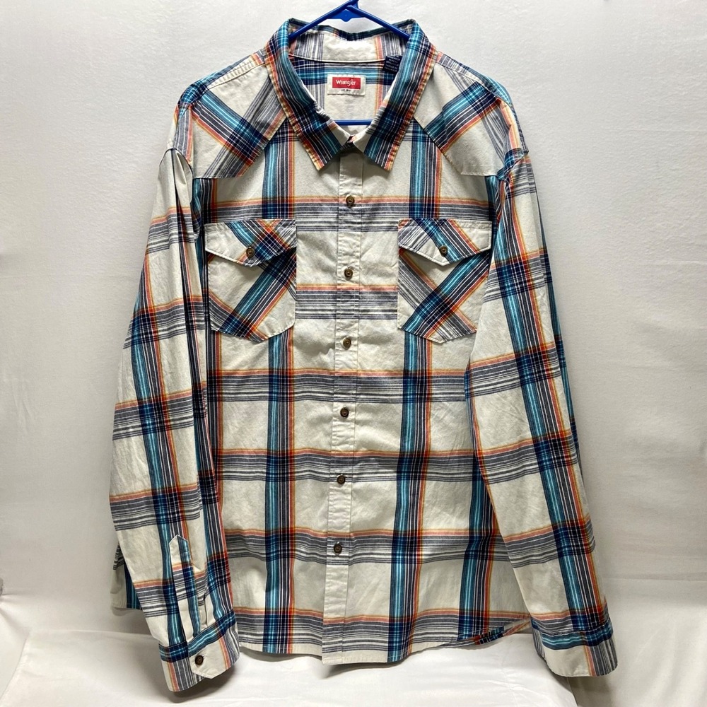 Wrangler Button Down Shirt Men's 3XL White Plaid Long Sleeve Western Casual EUC